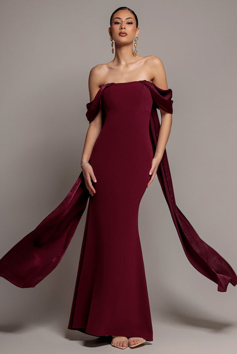 Off Shoulder Velvet Satin Wings Cape Maxi Dress - Burgundy by Goddiva