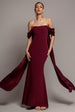 Off Shoulder Velvet Satin Wing Cape Maxi Dress - Burgundy by Goddiva