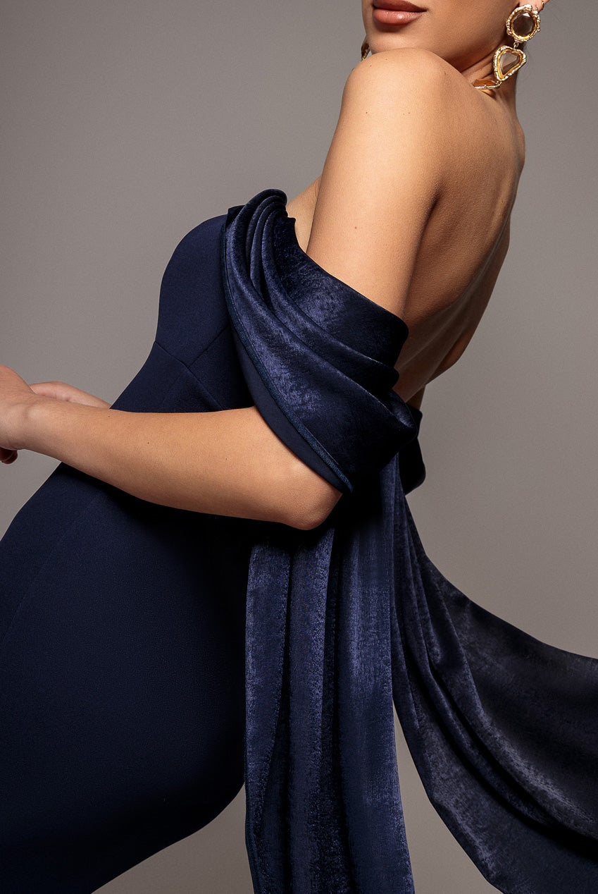 Off Shoulder Velvet Satin Wings Cape Maxi Dress - Navy Blue DR5079