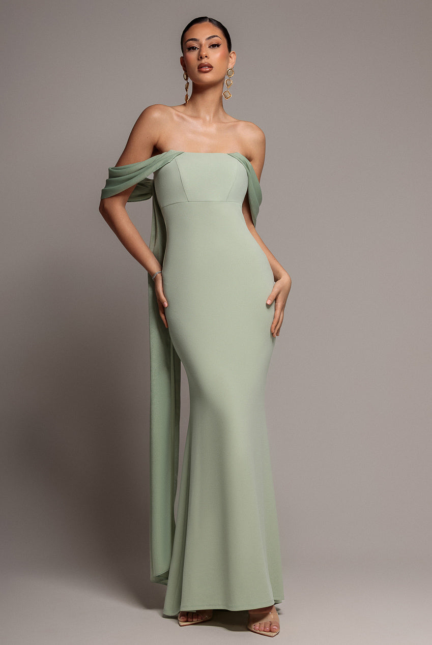 Off Shoulder Velvet Satin Wing Cape Maxi Dress - Sage Green DR5079