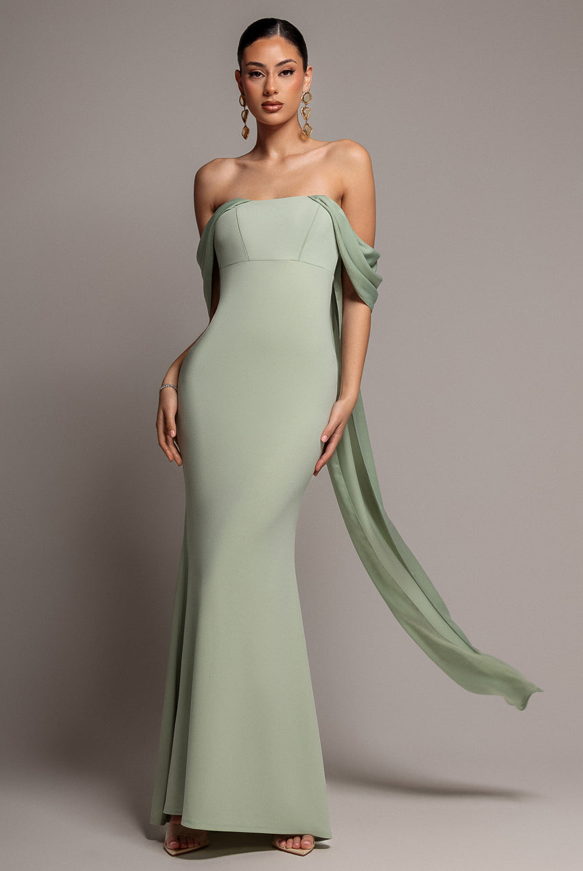 Off Shoulder Velvet Satin Wing Cape Maxi Dress - Sage Green DR5079