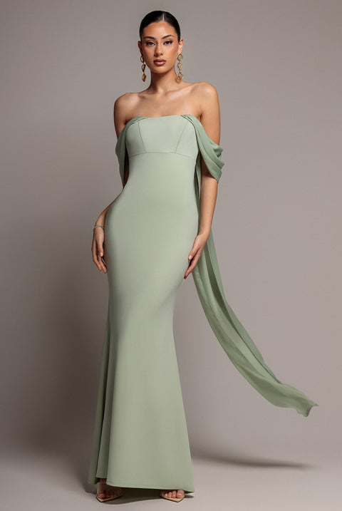 Off Shoulder Velvet Satin Wing Cape Maxi Dress - Sage Green by Goddiva