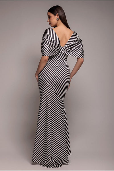 Stripe Off Shoulder Bow Back Satin Bow Maxi Dress - Black White by Goddiva