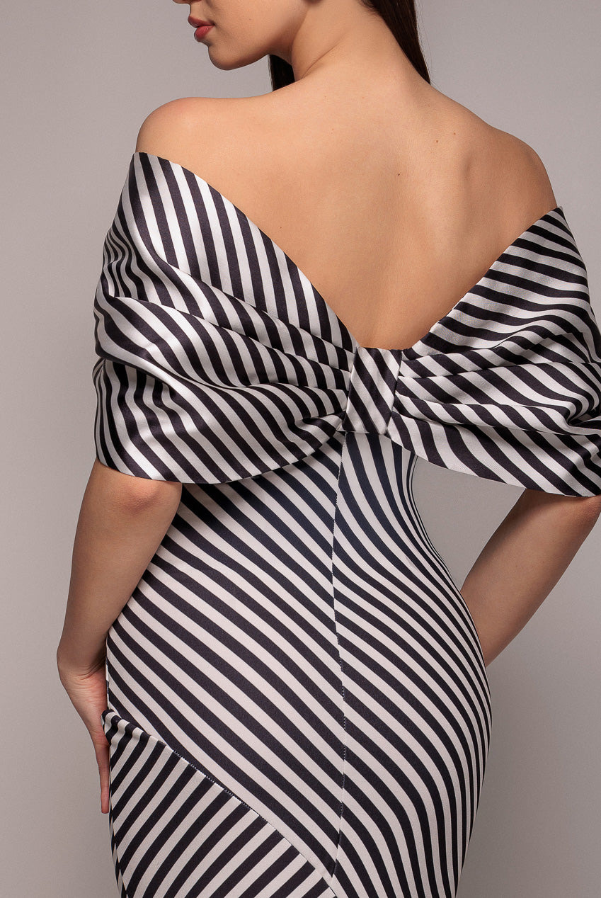 Stripe Off Shoulder Bow Back Satin Bow Maxi Dress - Black White DR5080