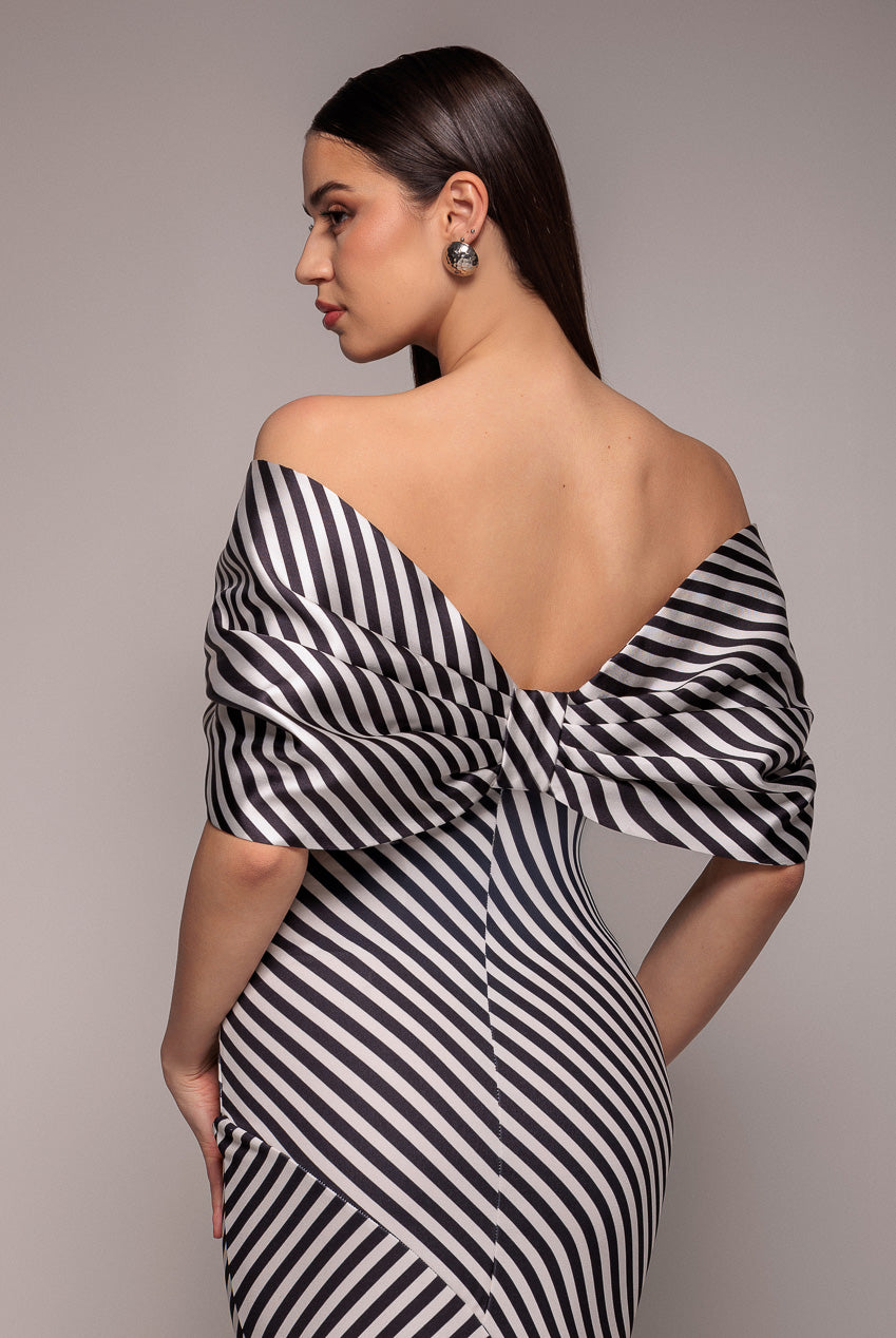 Stripe Off Shoulder Bow Back Satin Bow Maxi Dress - Black White DR5080