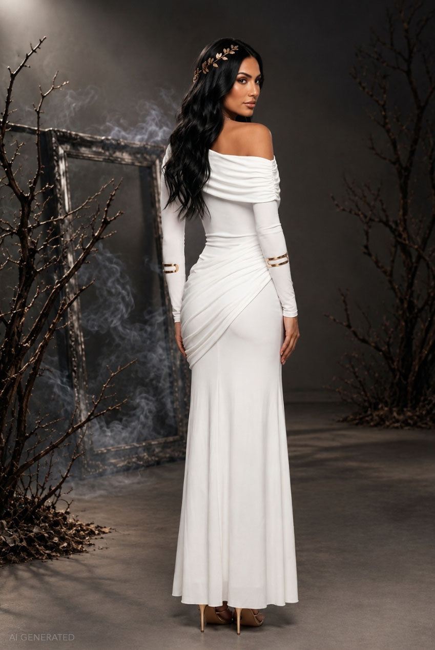 Draped Long Sleeve Maxi Odyssey-Inspired Greek Goddess Halloween Costume - White DR5087-HAL