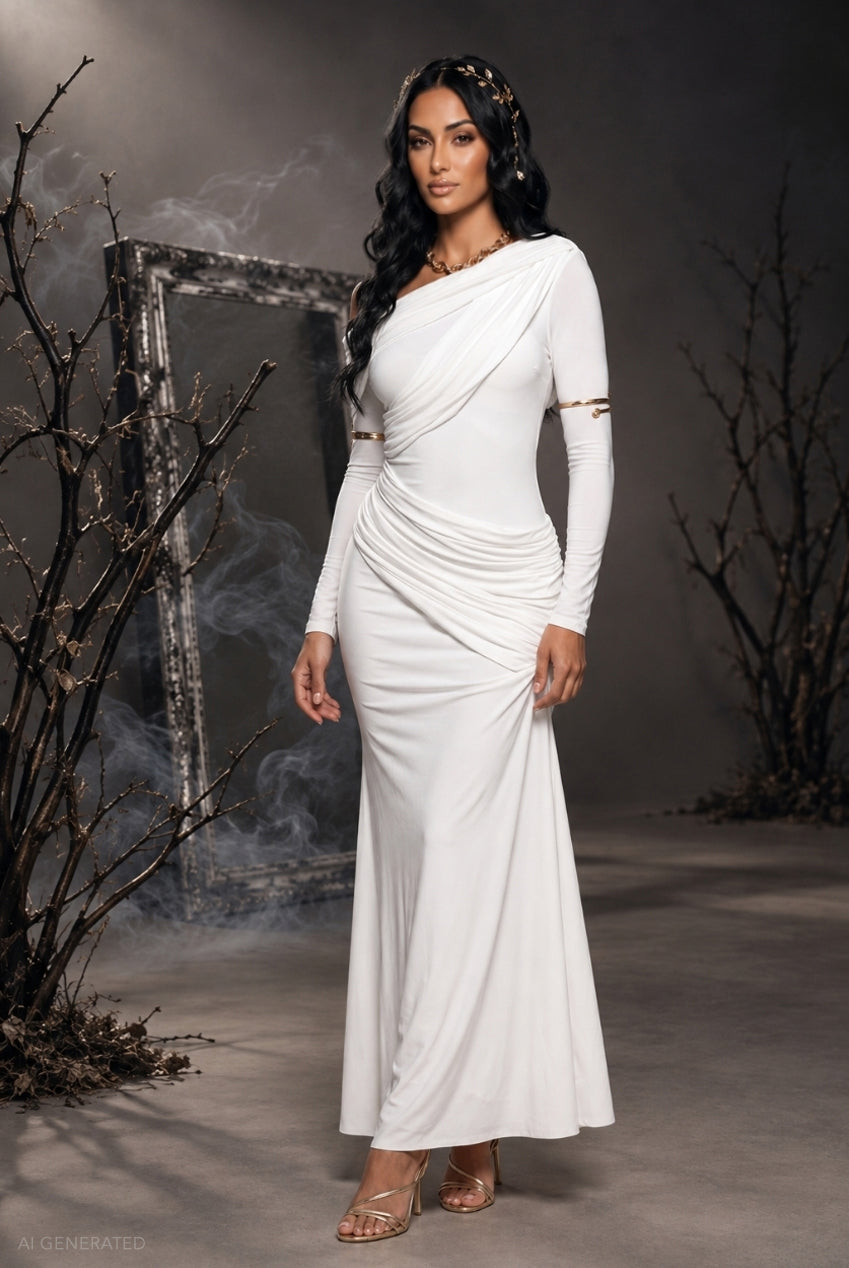 Draped Long Sleeve Maxi Odyssey-Inspired Greek Goddess Halloween Costume - White DR5087-HAL