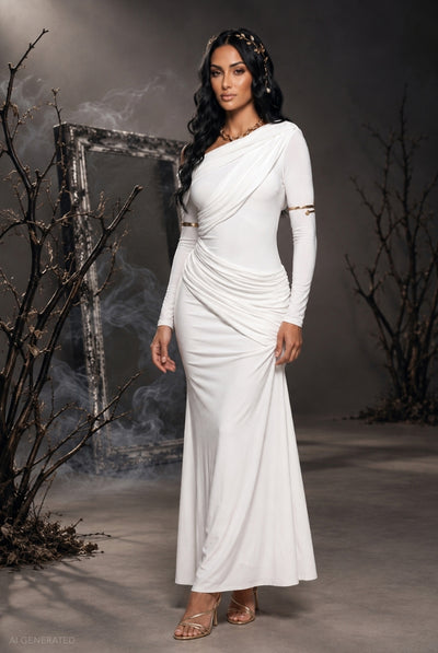 White - Draped Long Sleeve Maxi Odyssey-Inspired Greek Goddess Halloween Costume - White by Goddiva