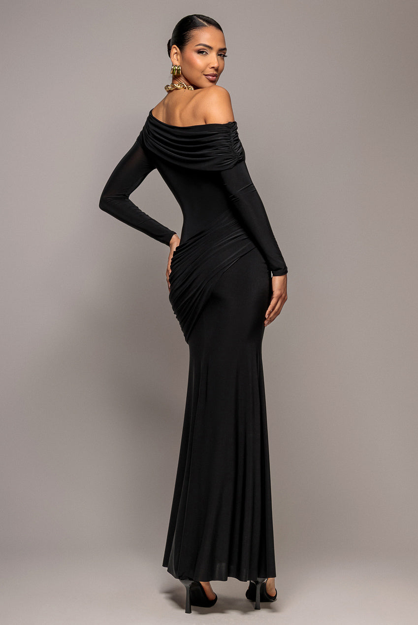Off Shoulder Gathered Panel Soft Touch Maxi Dress - Black DR5087