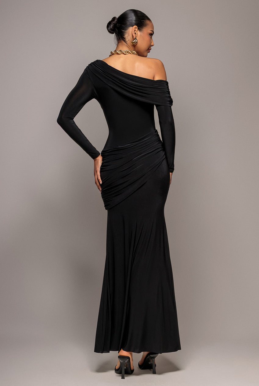 Off Shoulder Gathered Panel Soft Touch Maxi Dress - Black DR5087