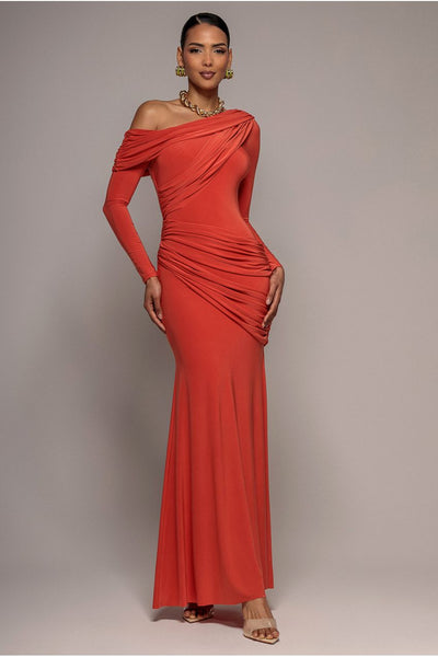 Off Shoulder Gathered Panel Soft Touch Maxi Dress - Burnt Orange by Goddiva