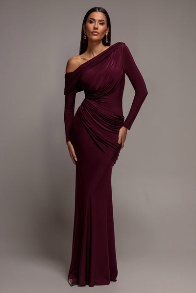 Off Shoulder Gathered Panel Soft Touch Maxi Dress - Plum by Goddiva
