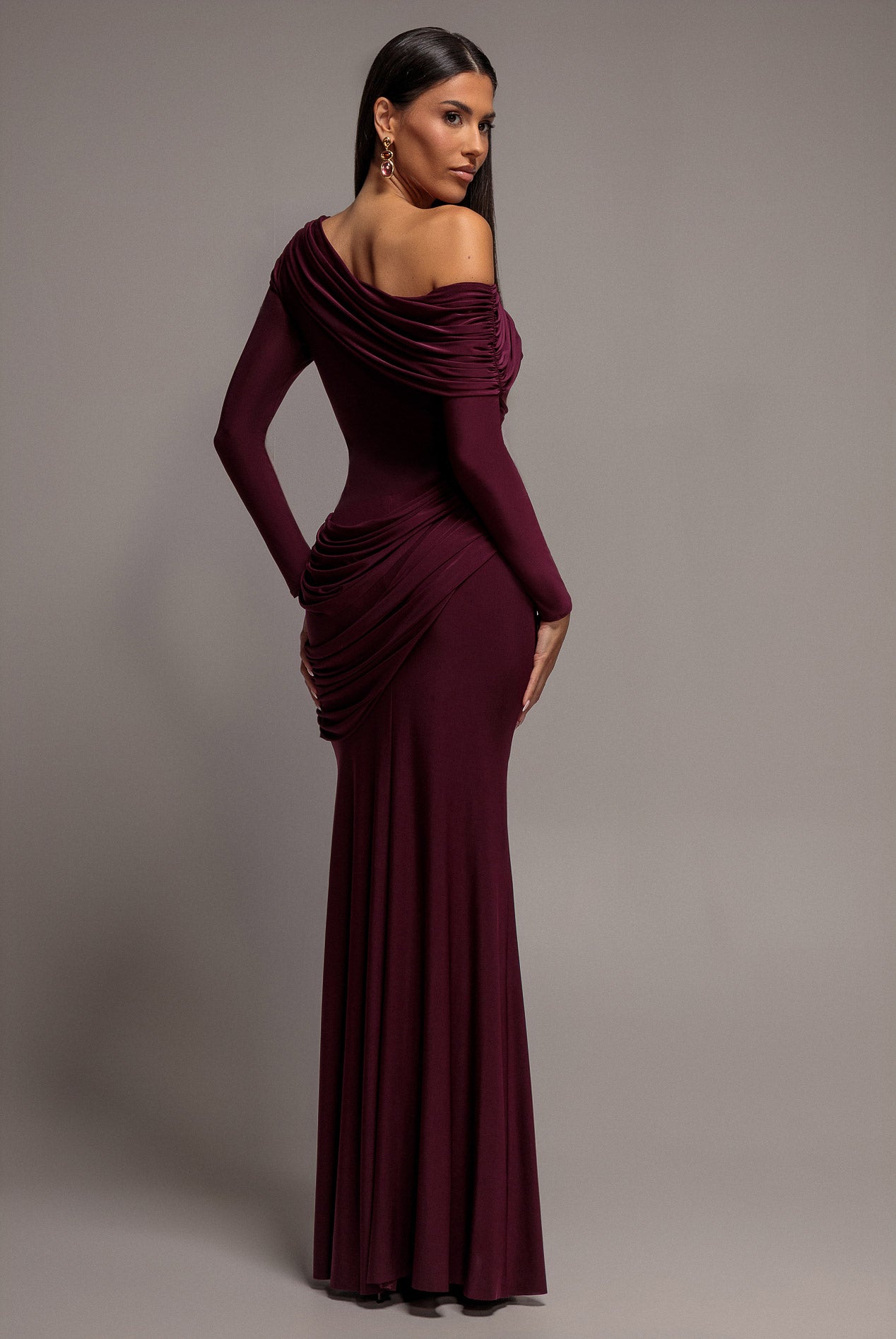 Off Shoulder Gathered Panel Soft Touch Maxi Dress - Plum DR5087