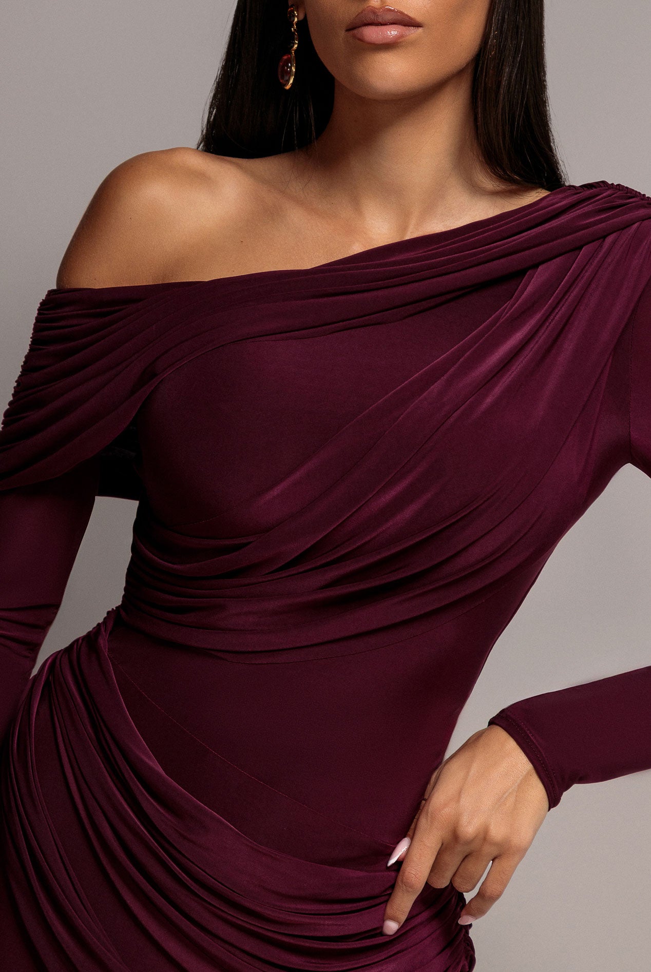 Off Shoulder Gathered Panel Soft Touch Maxi Dress - Plum DR5087