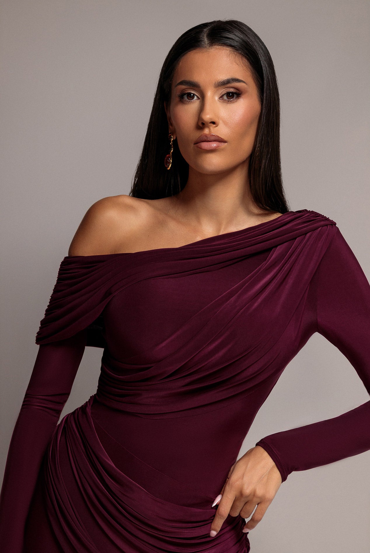 Off Shoulder Gathered Panel Soft Touch Maxi Dress - Plum DR5087