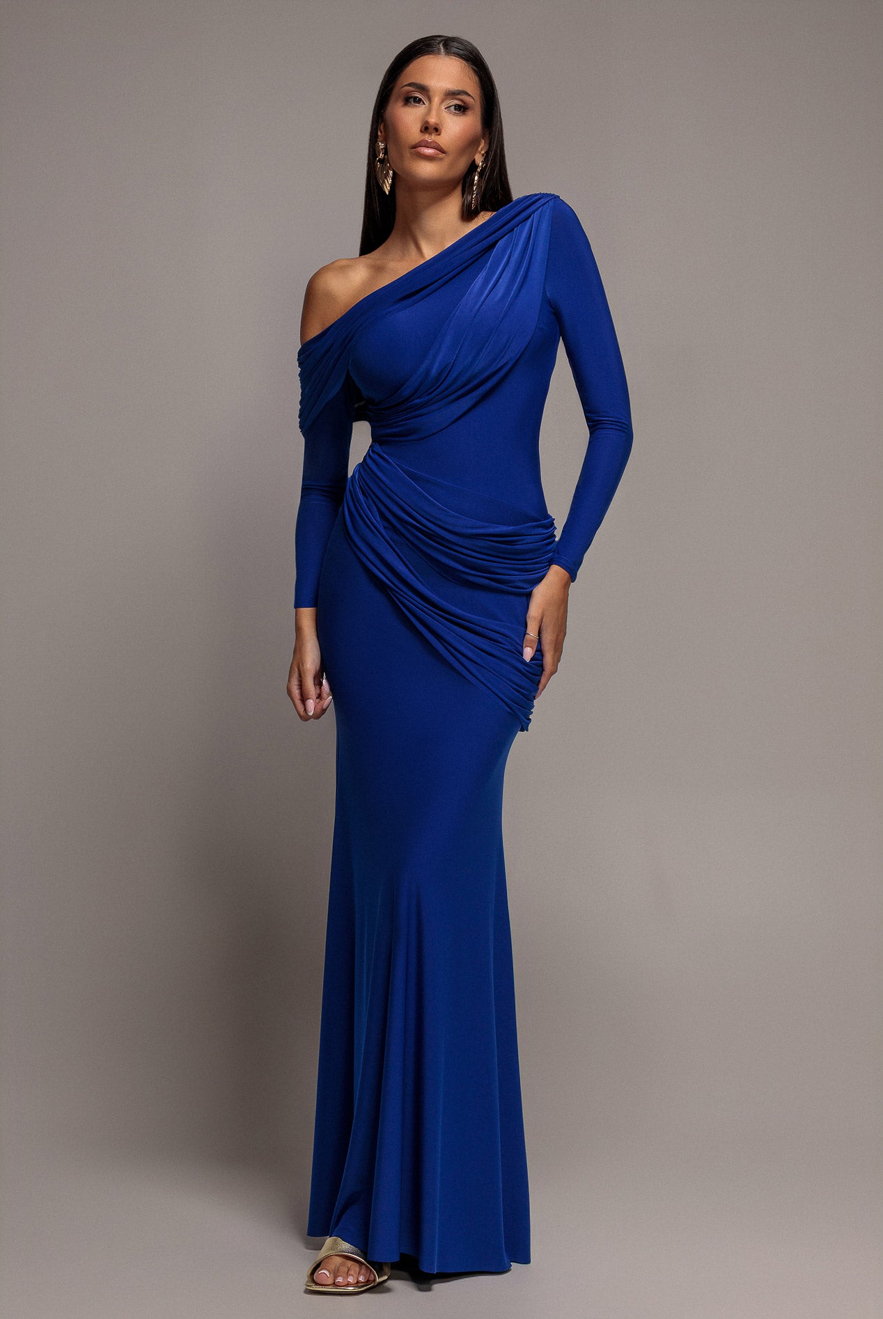 Off Shoulder Gathered Panel Soft Touch Maxi Dress - Royal Blue DR5087
