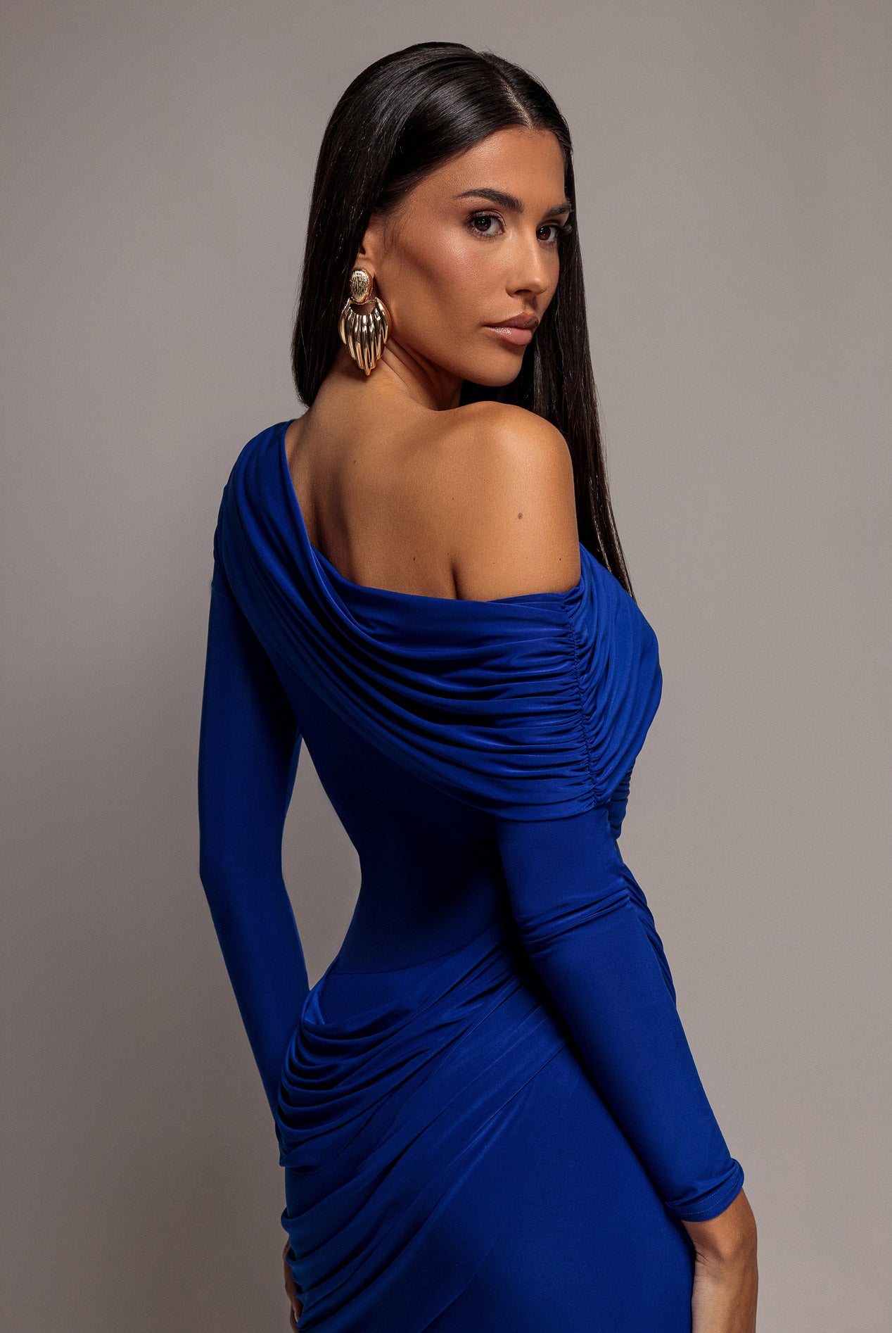 Off Shoulder Gathered Panel Soft Touch Maxi Dress - Royal Blue DR5087
