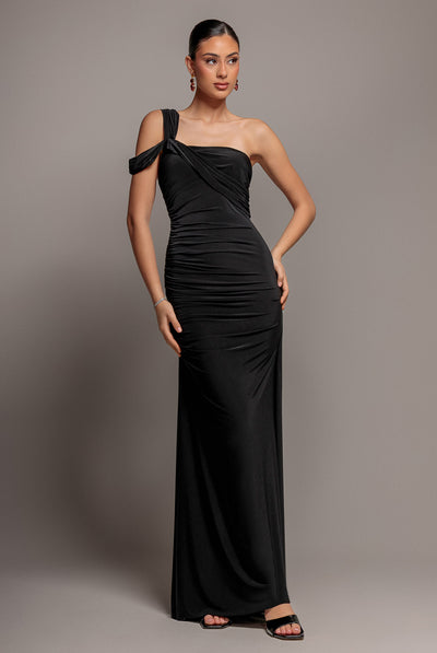 One Shoulder Asymmetric Twist Maxi Dress - Black by Goddiva