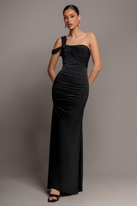 One Shoulder Asymmetric Twist Maxi Dress - Black by Goddiva