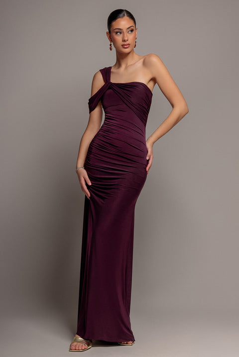 One Shoulder Asymmetric Twist Maxi Dress - Burgundy by Goddiva