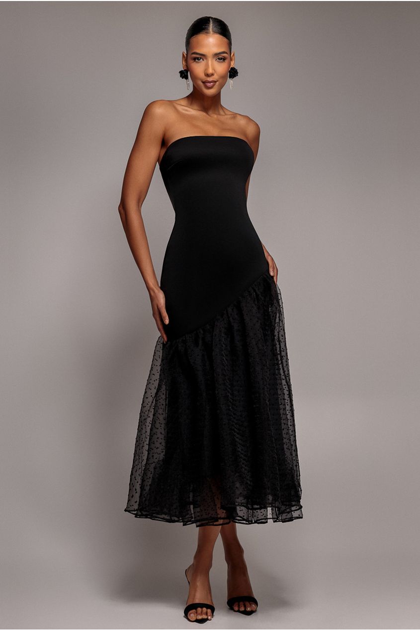 Strapless Asymmetric Tiered Midaxi Dress - Black