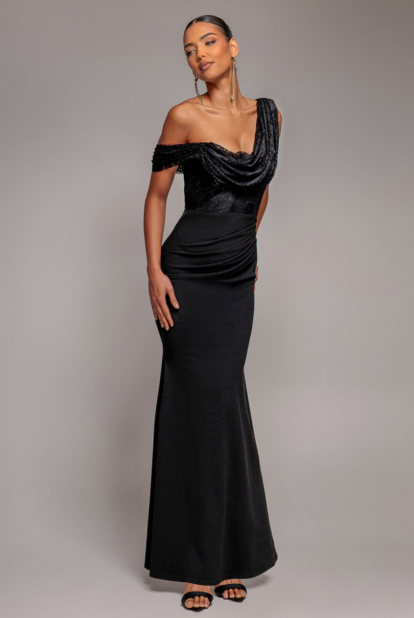 Lace Cowl One Shoulder Scuba Crepe Maxi Dress - Black DR5093