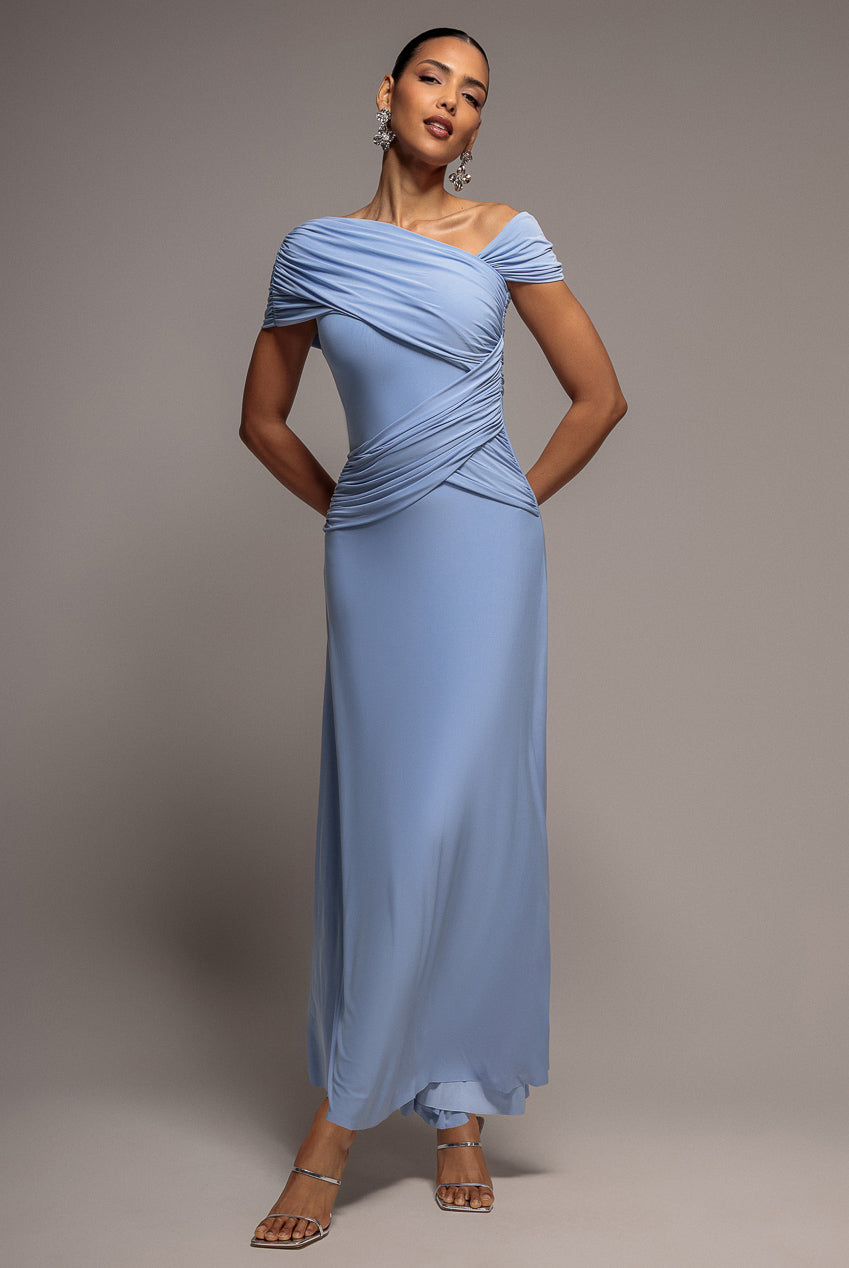Asymmetric Neck Gathered Waist Maxi Dress - Blue DR5096