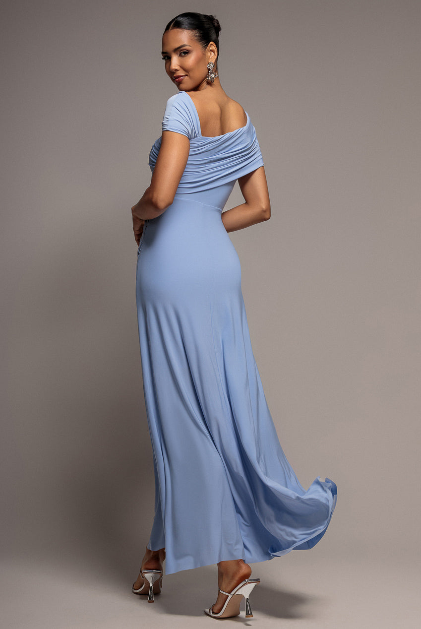 Asymmetric Neck Gathered Waist Maxi Dress - Blue DR5096