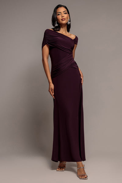Burgundy - Asymmetric Neck Gathered Waist Maxi Dress - Burgundy by Goddiva