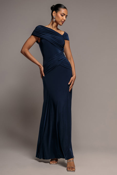 Asymmetric Neck Gathered Waist Maxi Dress - Navy Blue by Goddiva