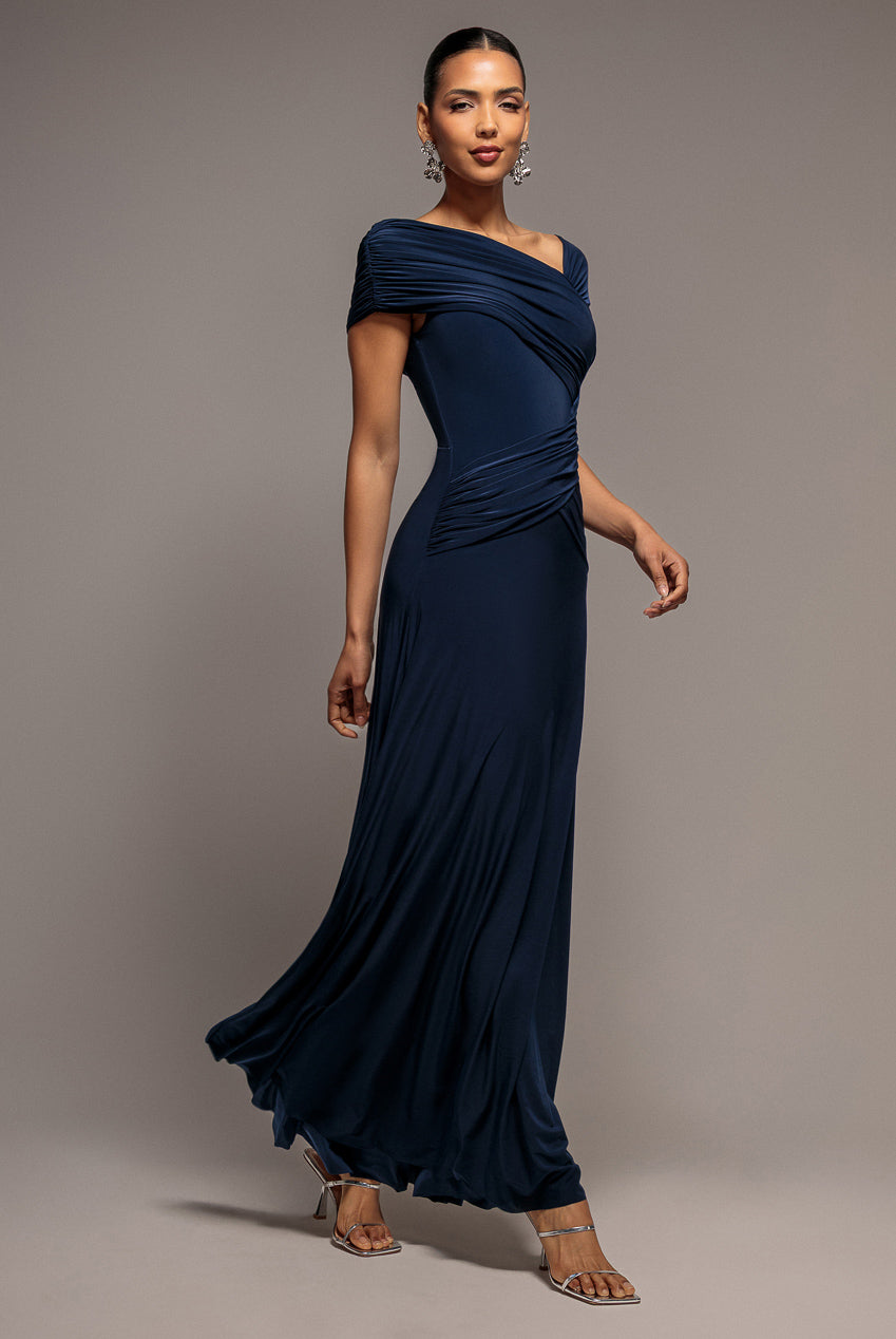 Asymmetric Neck Gathered Waist Maxi Dress - Navy Blue DR5096