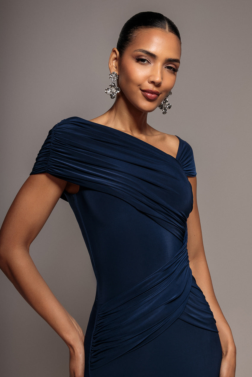 Asymmetric Neck Gathered Waist Maxi Dress - Navy Blue DR5096