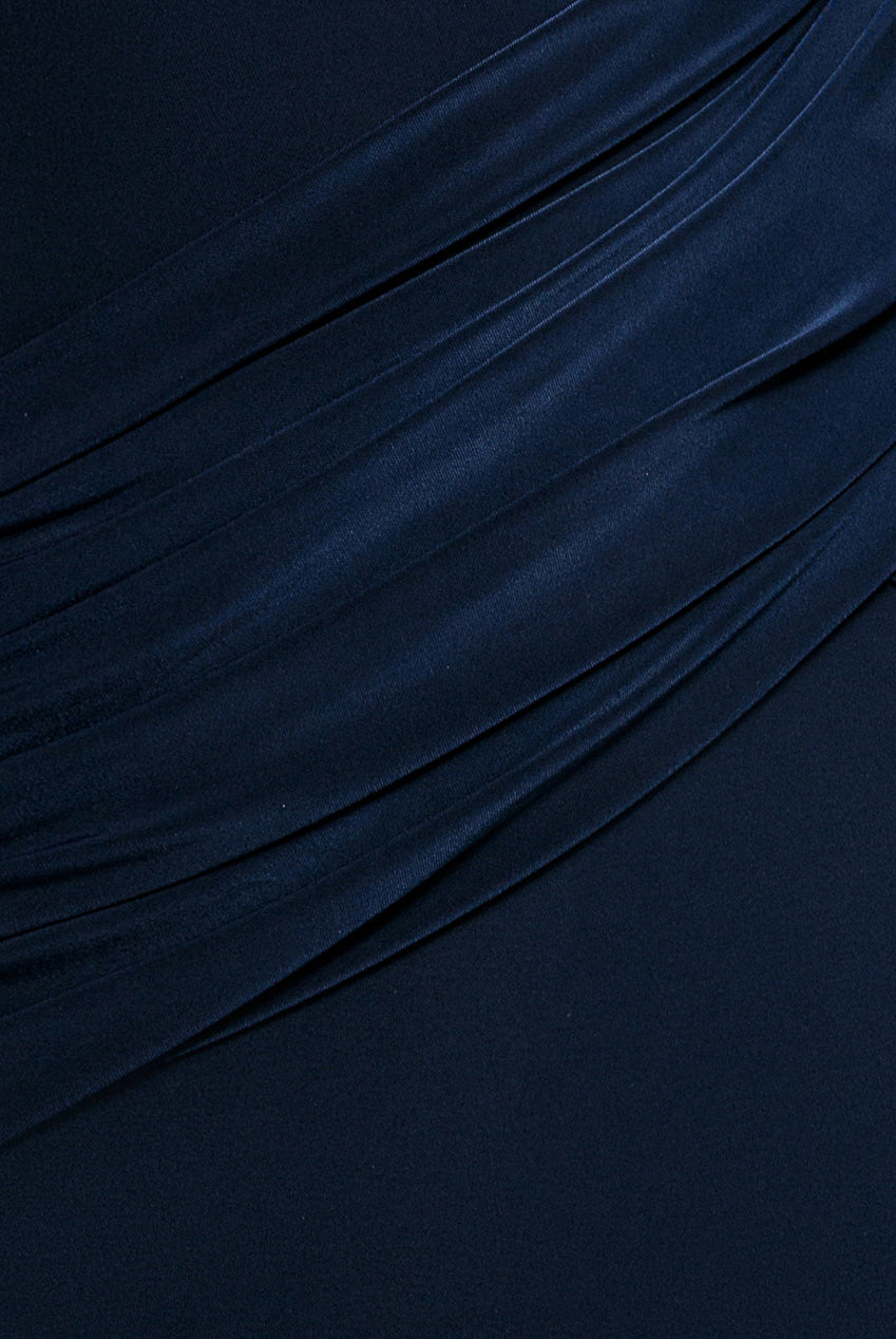Asymmetric Neck Gathered Waist Maxi Dress - Navy Blue DR5096