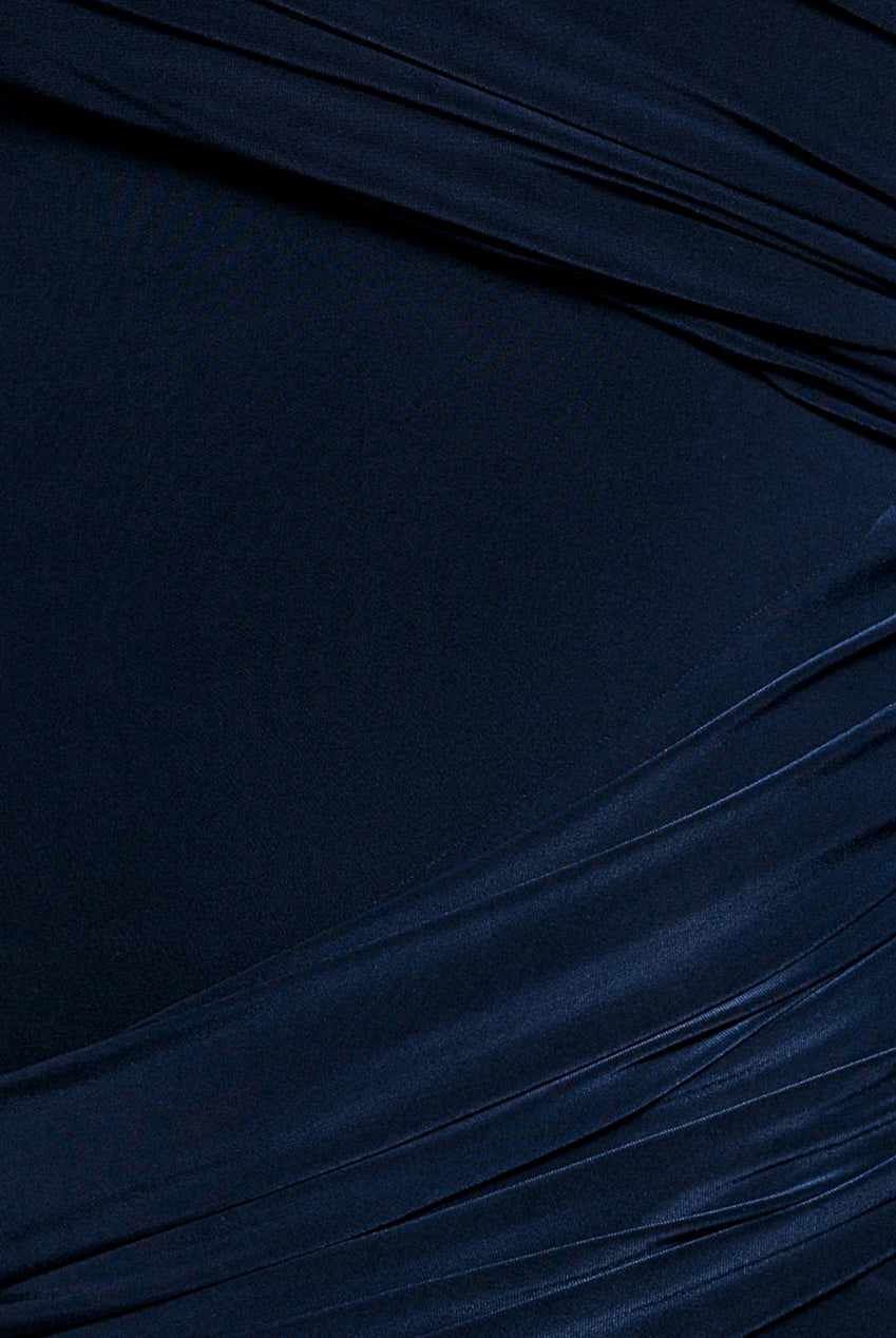 Asymmetric Neck Gathered Waist Maxi Dress - Navy Blue DR5096