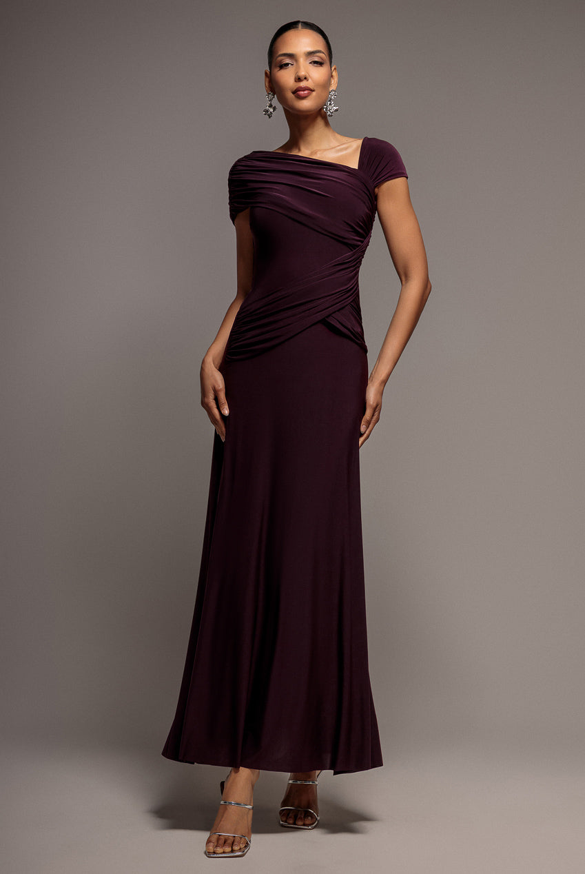 Asymmetric Neck Gathered Waist Maxi Dress - Burgundy DR5096