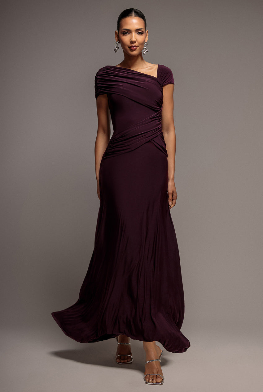 Asymmetric Neck Gathered Waist Maxi Dress - Burgundy DR5096