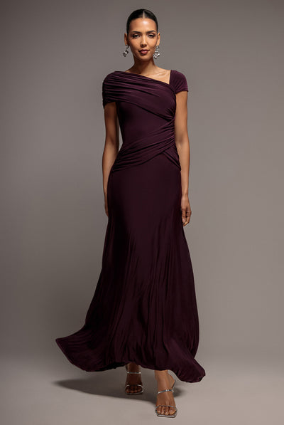 Burgundy - Asymmetric Neck Gathered Waist Maxi Dress - Burgundy by Goddiva
