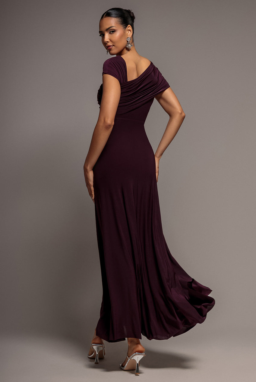 Asymmetric Neck Gathered Waist Maxi Dress - Burgundy DR5096