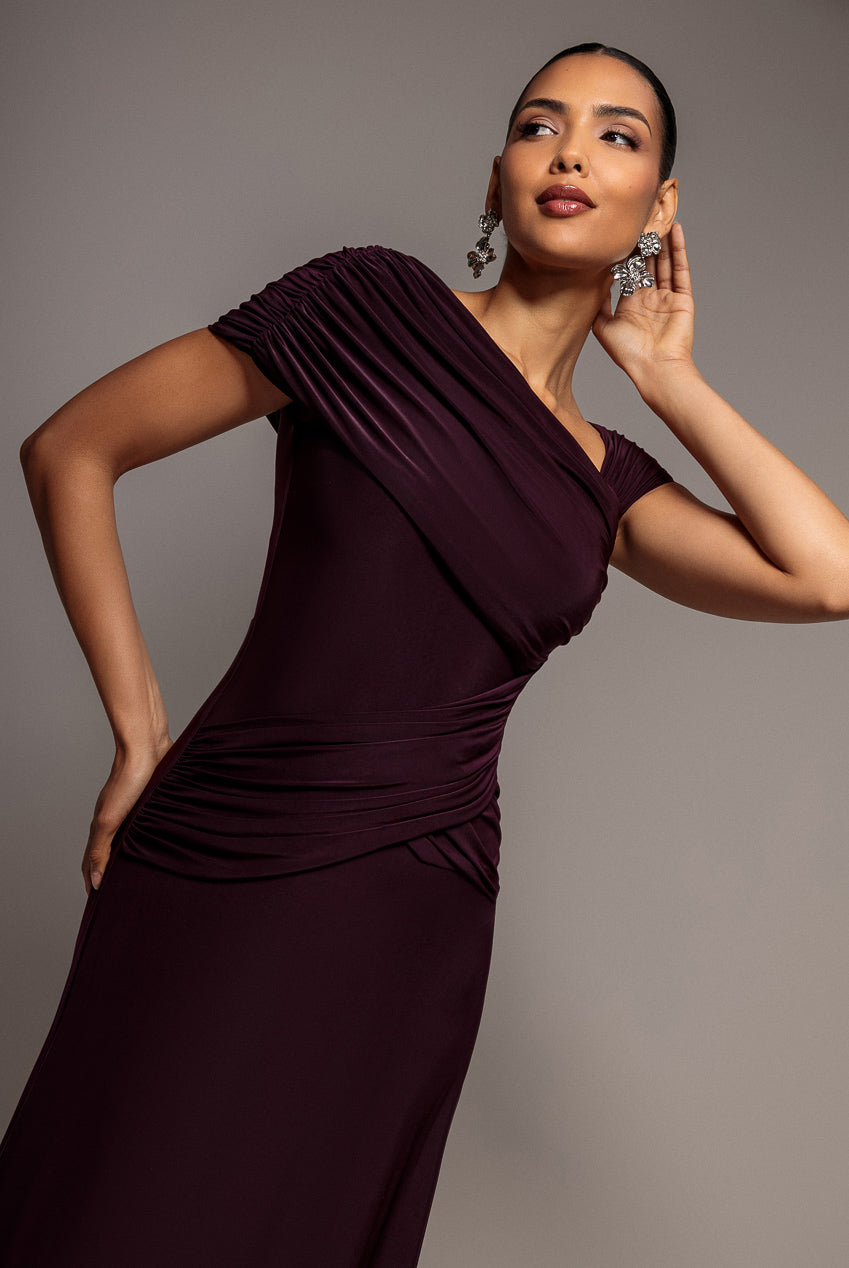 Asymmetric Neck Gathered Waist Maxi Dress - Burgundy DR5096