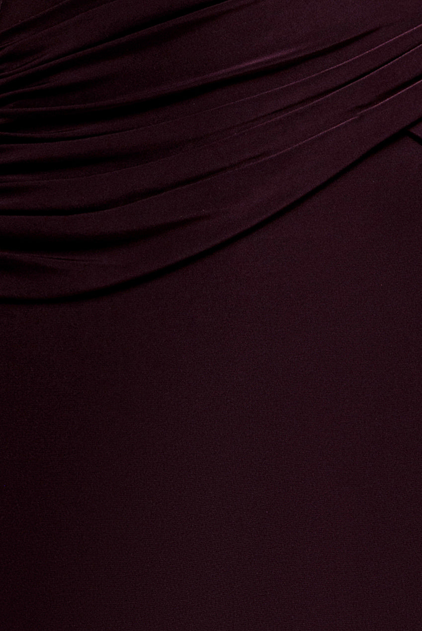 Asymmetric Neck Gathered Waist Maxi Dress - Burgundy DR5096