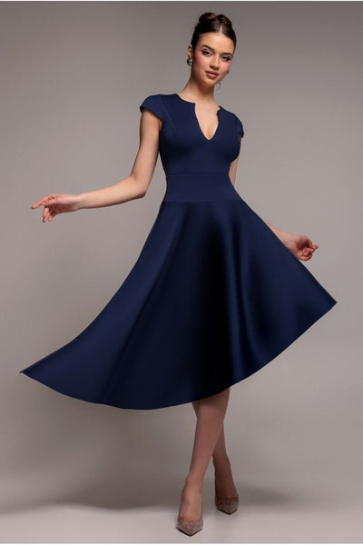 Navy - Cap Sleeve Skater High Low Midi Dress - Navy Blue by Goddiva
