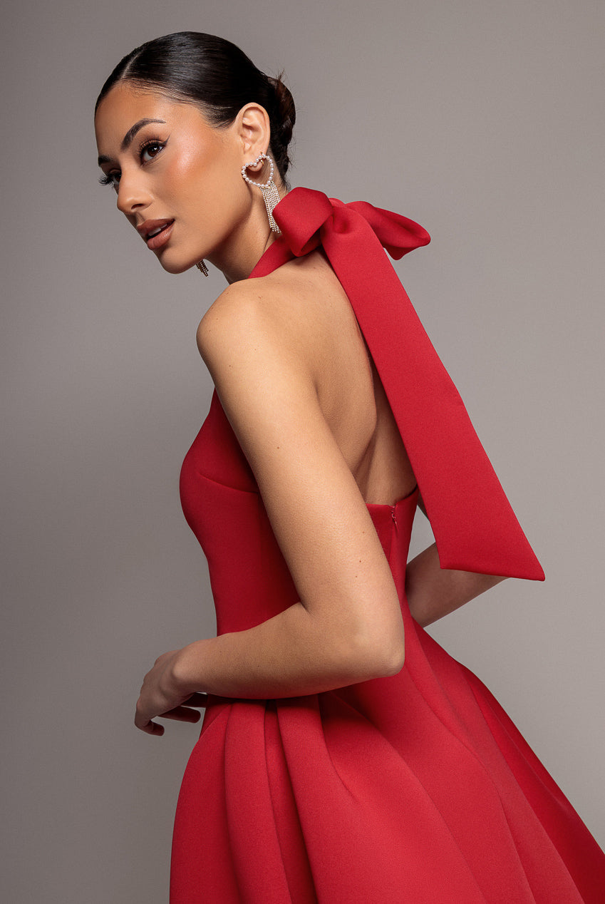 Corset Fit And Flare Halter Neck Skater Mini Dress - Red