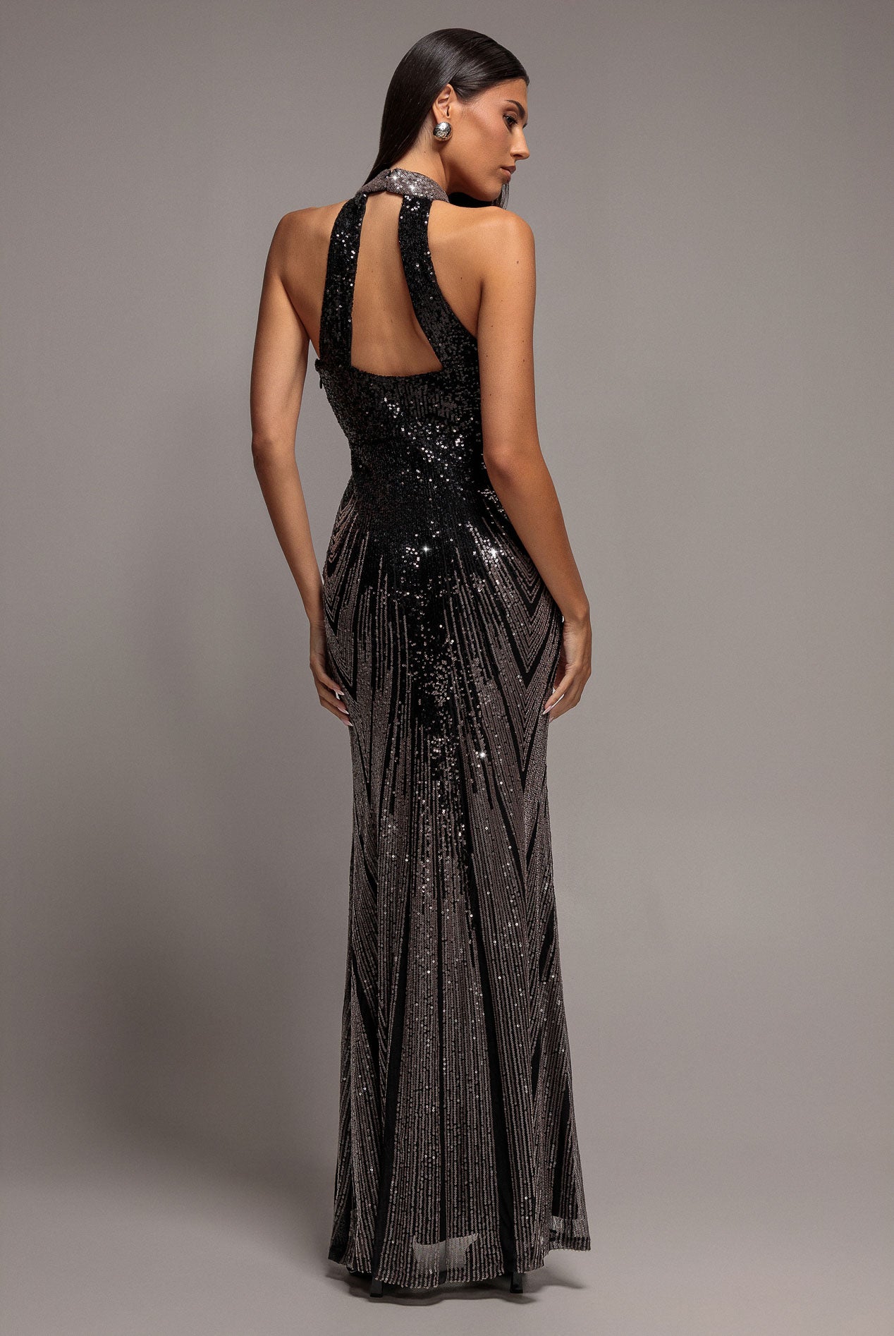 Ombre Sequin Mosaic Halter Neck Maxi Dress - Black DR5110