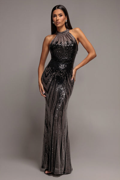 Ombre Sequin Mosaic Halter Neck Maxi Dress - Black by Goddiva