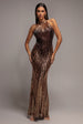 Ombre Sequin Mosaic Halter Neck Maxi Dress - Brown by Goddiva