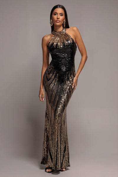 Ombre Sequin Mosaic Halter Neck Maxi Dress - Gold by Goddiva