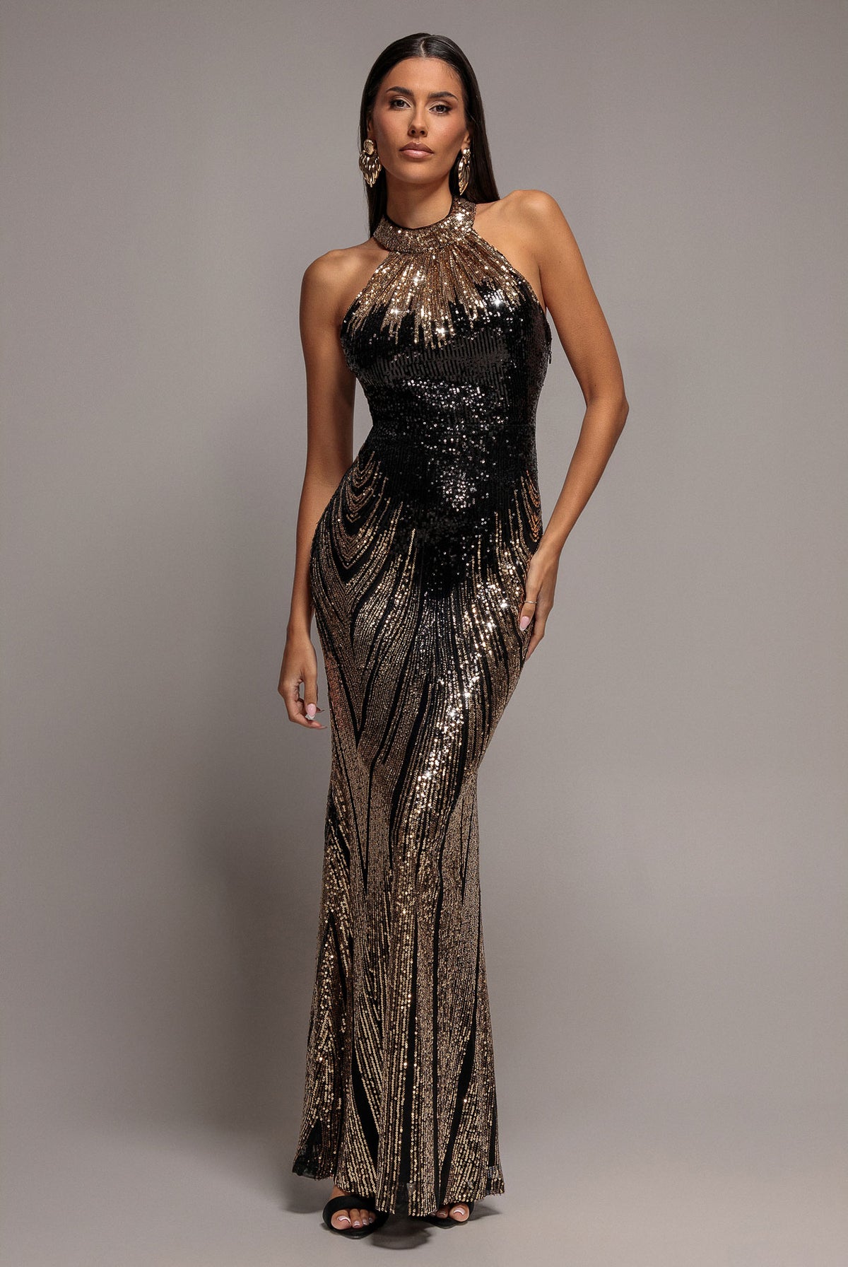 Ombre Sequin Mosaic Halter Neck Maxi Dress - Gold DR5110