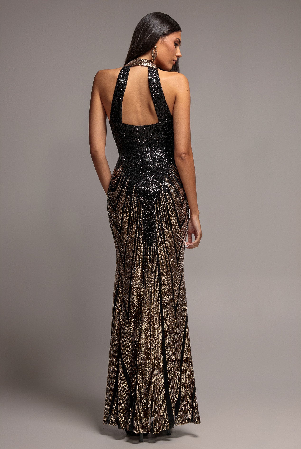 Ombre Sequin Mosaic Halter Neck Maxi Dress - Gold DR5110