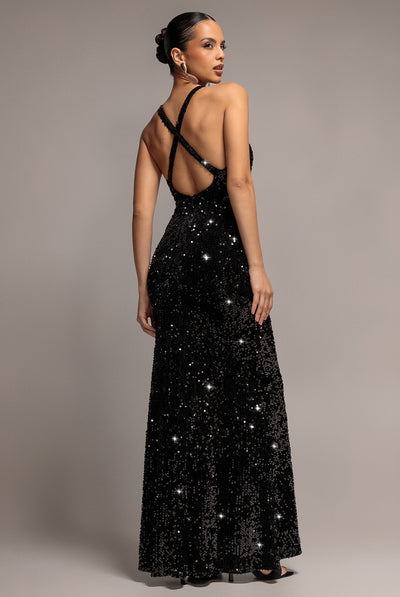 Sequin & Velvet V Neck Cross Back Maxi Dress - Black by Goddiva