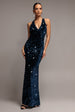 Sequin & Velvet V Neck Cross Back Maxi Dress - Navy Blue by Goddiva